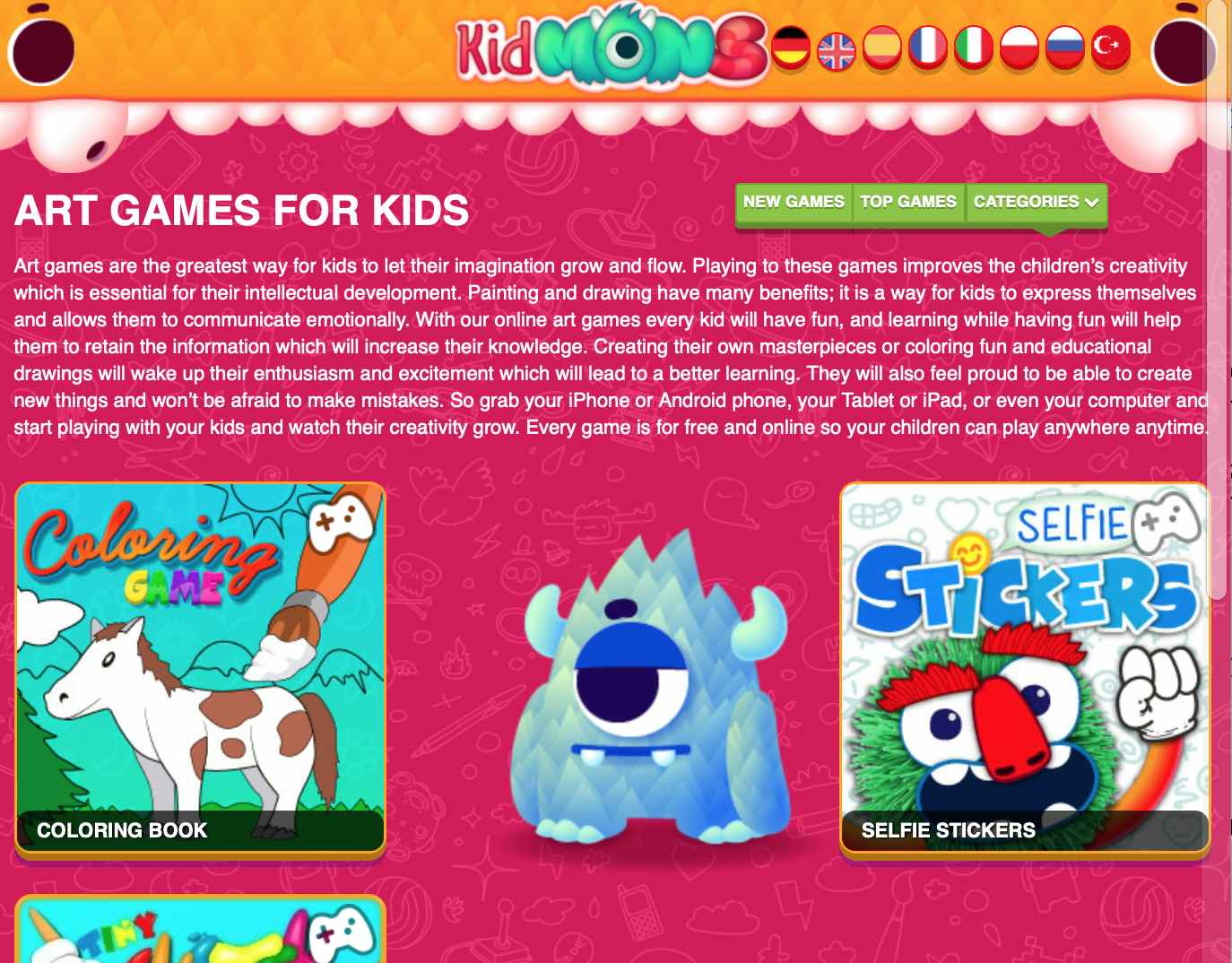 A screenshot of KidMons art games for kids webpage.