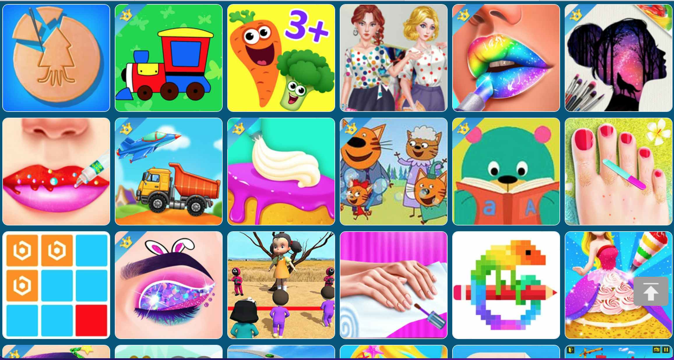 A screenshot of Yiv makeup, nail-painting, lip art, and cake decorating kids games.