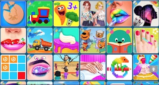 A screenshot of Yiv makeup, nail-painting, lip art, and cake decorating kids games.
