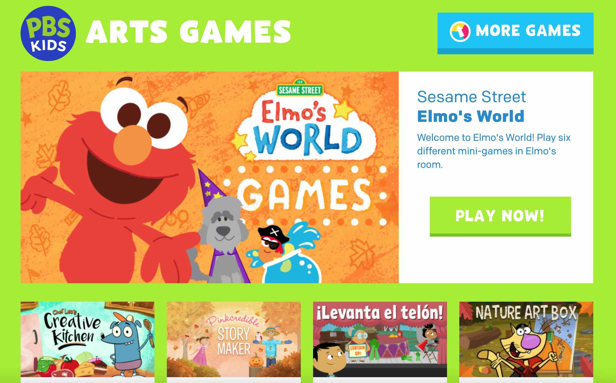 A screenshot of the PBS.org website for online art games featuring Elmo's World Games.