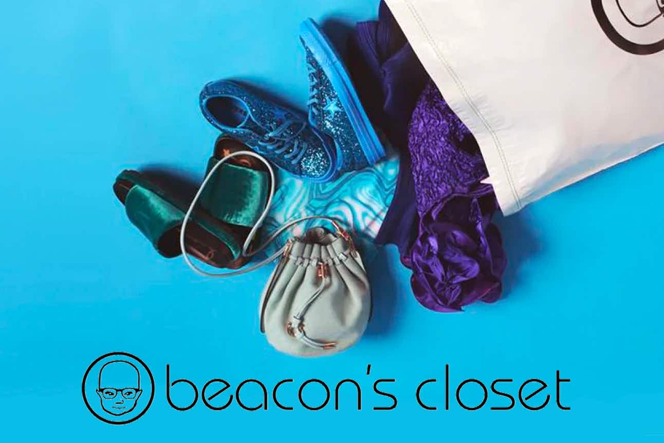 A bag of shoes and accessories spilling out onto a blue background with the Beacon's Closet logo