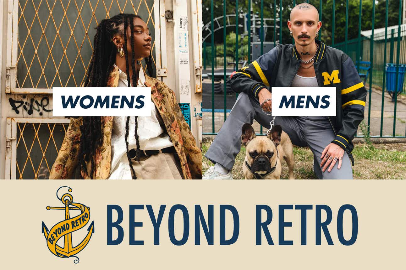 The Beyond Retro logo and images from the site's gendered categories.