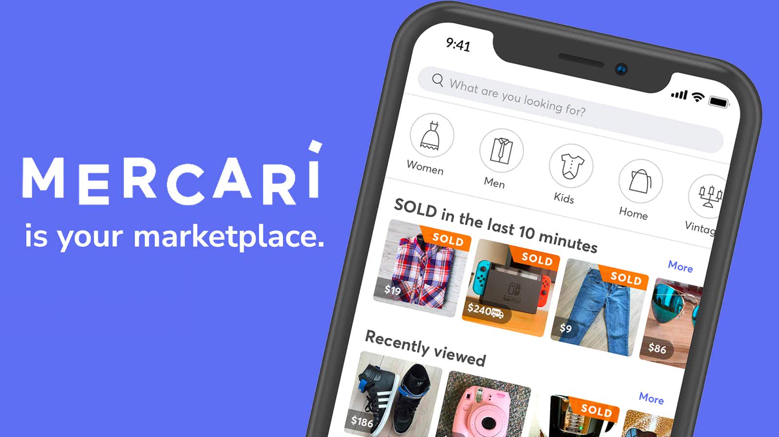 A graphic of a phone displaying the Mercari app on a purple background with the text "Mercari is your marketplace