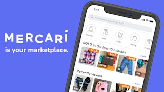 A graphic of a phone displaying the Mercari app on a purple background with the text "Mercari is your marketplace