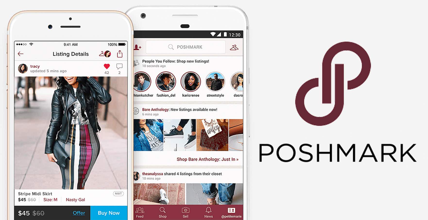 A graphic of two phones displaying the Poshmark app next to the Poshmark logo
