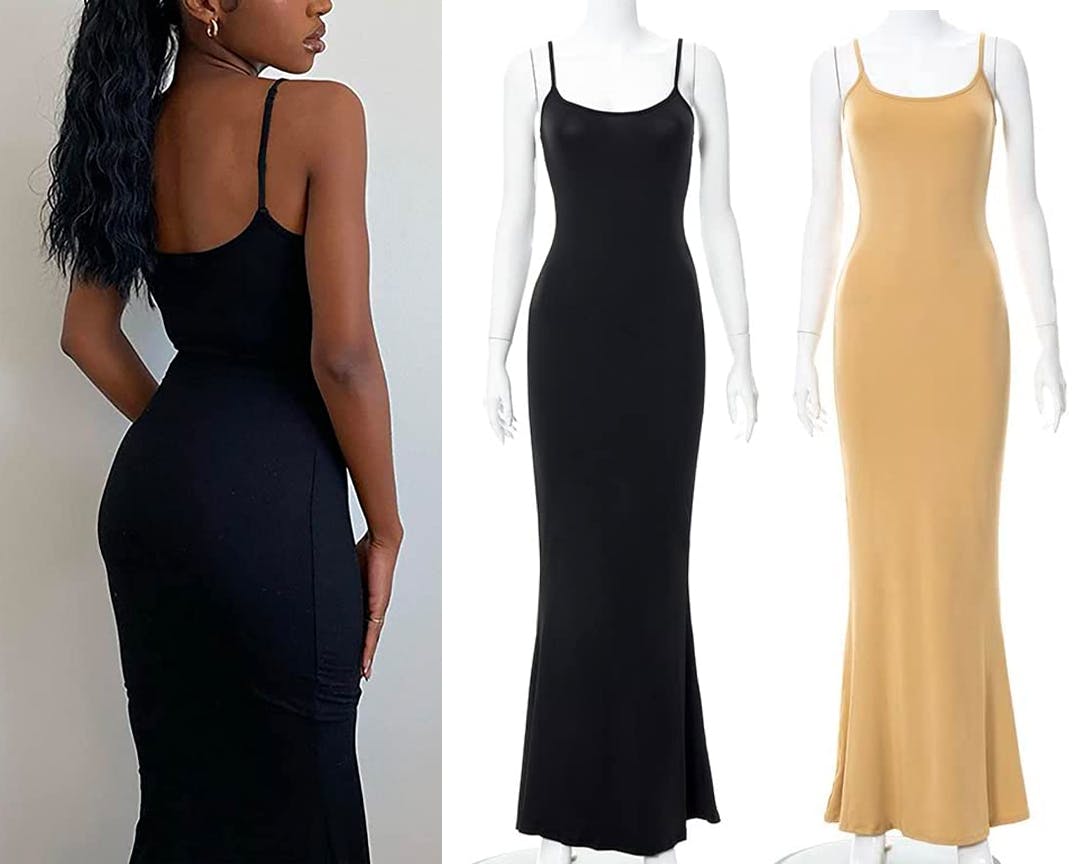 A model wearing a AnotherChill Lounge Slip Long Dress next to two of the dresses in different colors on mannequins a white background.