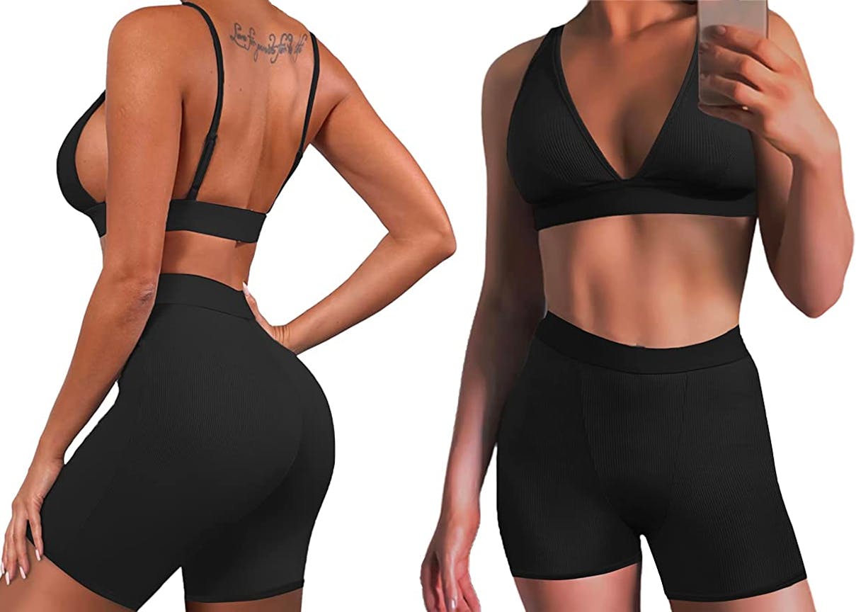 A model wearing a Ekaliy Workout Set showing the front and back on a white background.