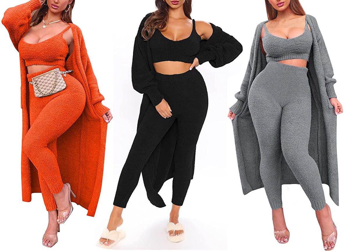 A model wearing three different color options of the Fixmatti Fuzzy 3-Piece Sweatsuit on a white background.