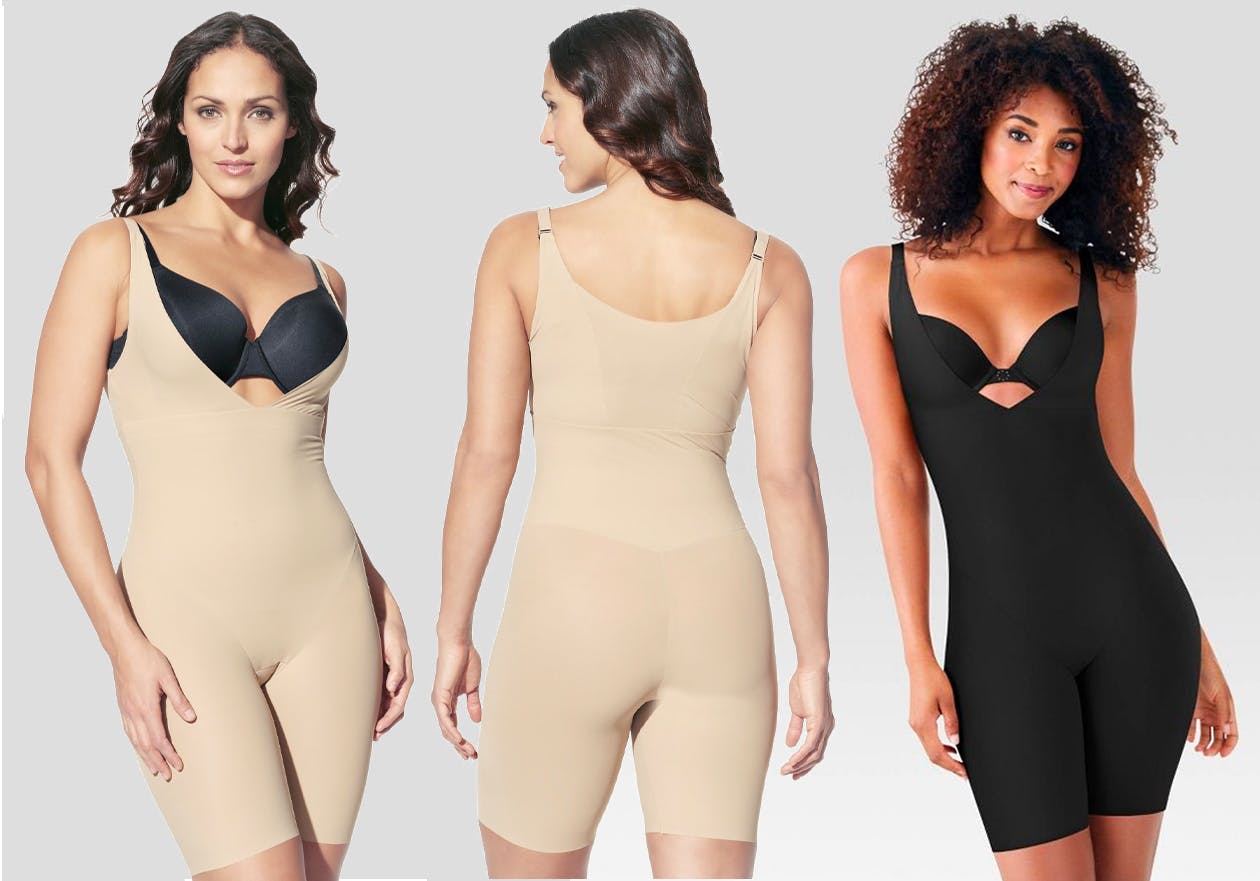 Target models wearing Maidenform Self Expression Wear Your Own Bra Bodysuits showing the front and back in beige and black.