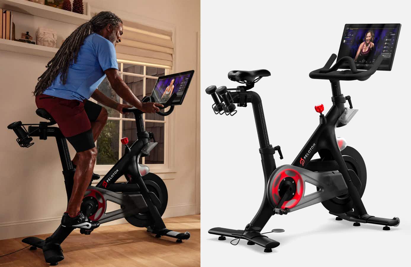 Someone riding an Original Peloton stationary exercise bike in their home next to the same model bike on a white background.