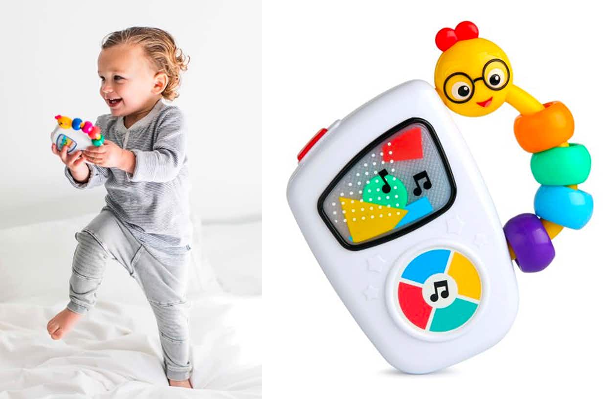 A toddler playing with a Baby Einstein Take Along Tunes Musical Toy next to the product on a white background.