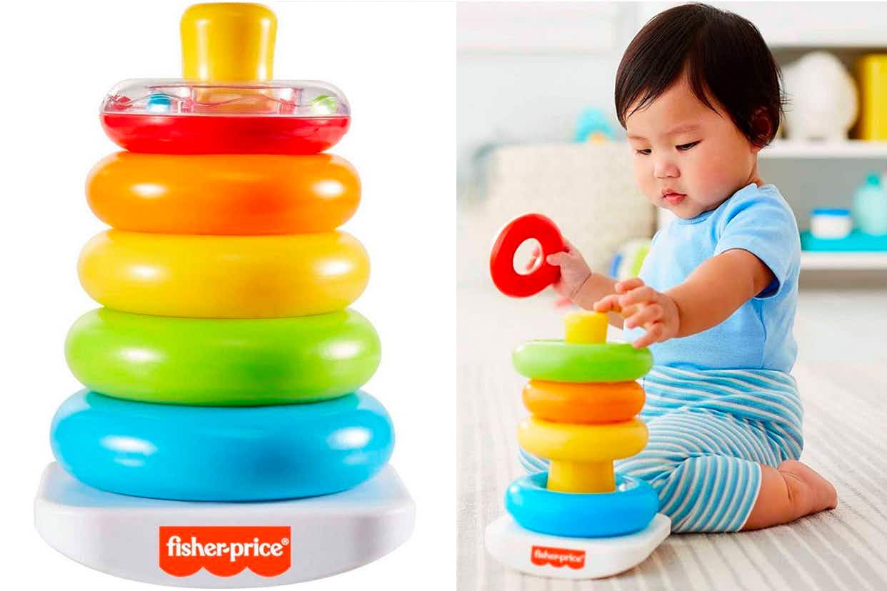 A baby playing with a Fisher-Price Rock-a-Stack Sleeve Infant Stacking Toy next to the product on a white background.