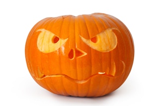 Carved pumpkin with an annoyed face