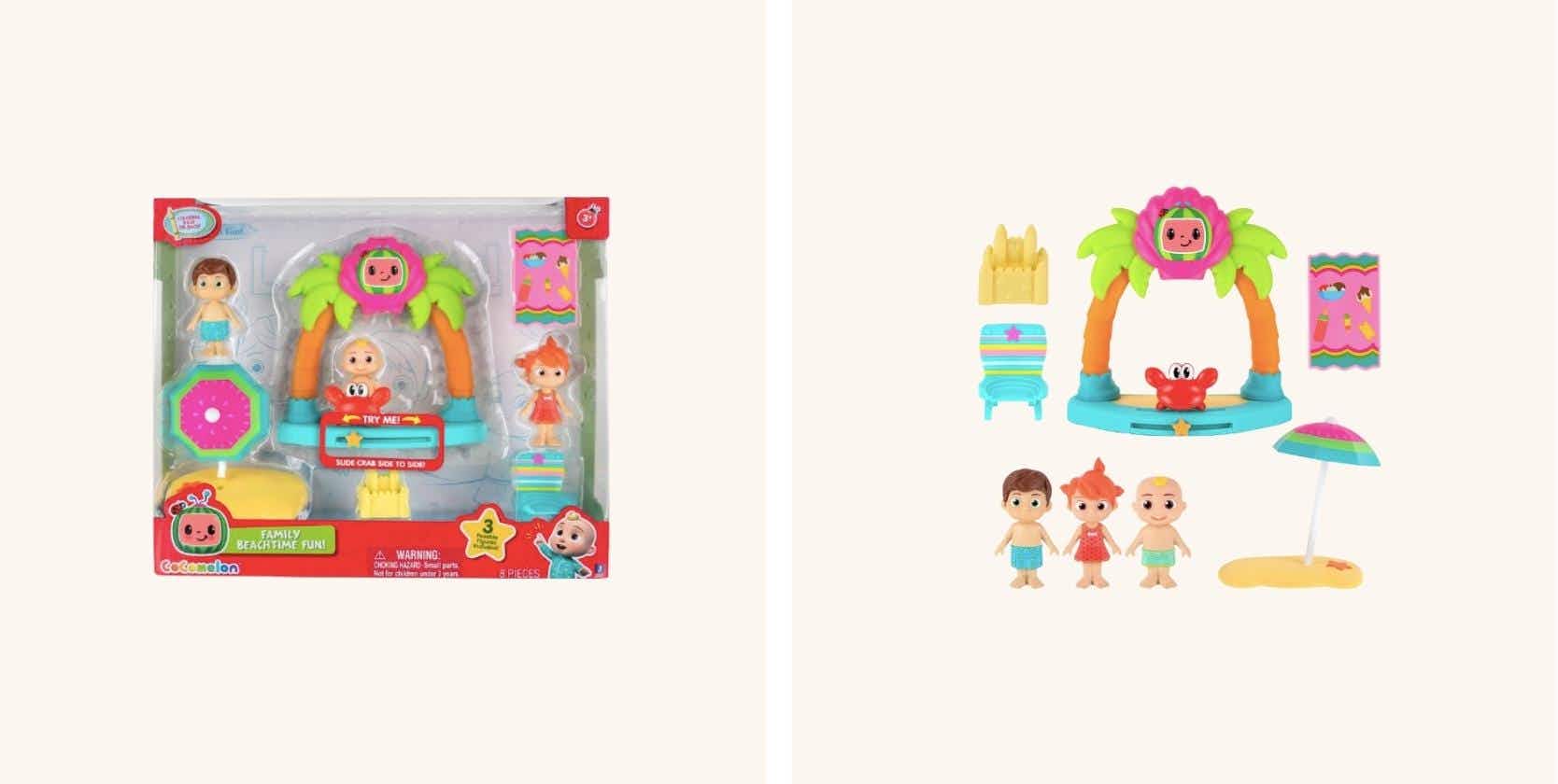 collage of cocomelon beach day toy set