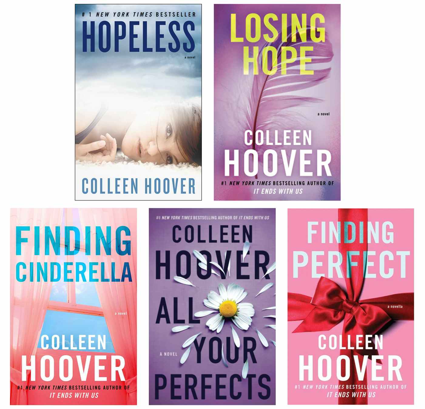 Five book covers for Colleen Hoover books.