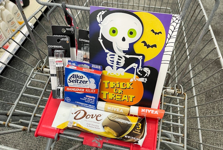 cvs shopping cart with dove, alka-seltzer, covergirl, hallmark, and nivea