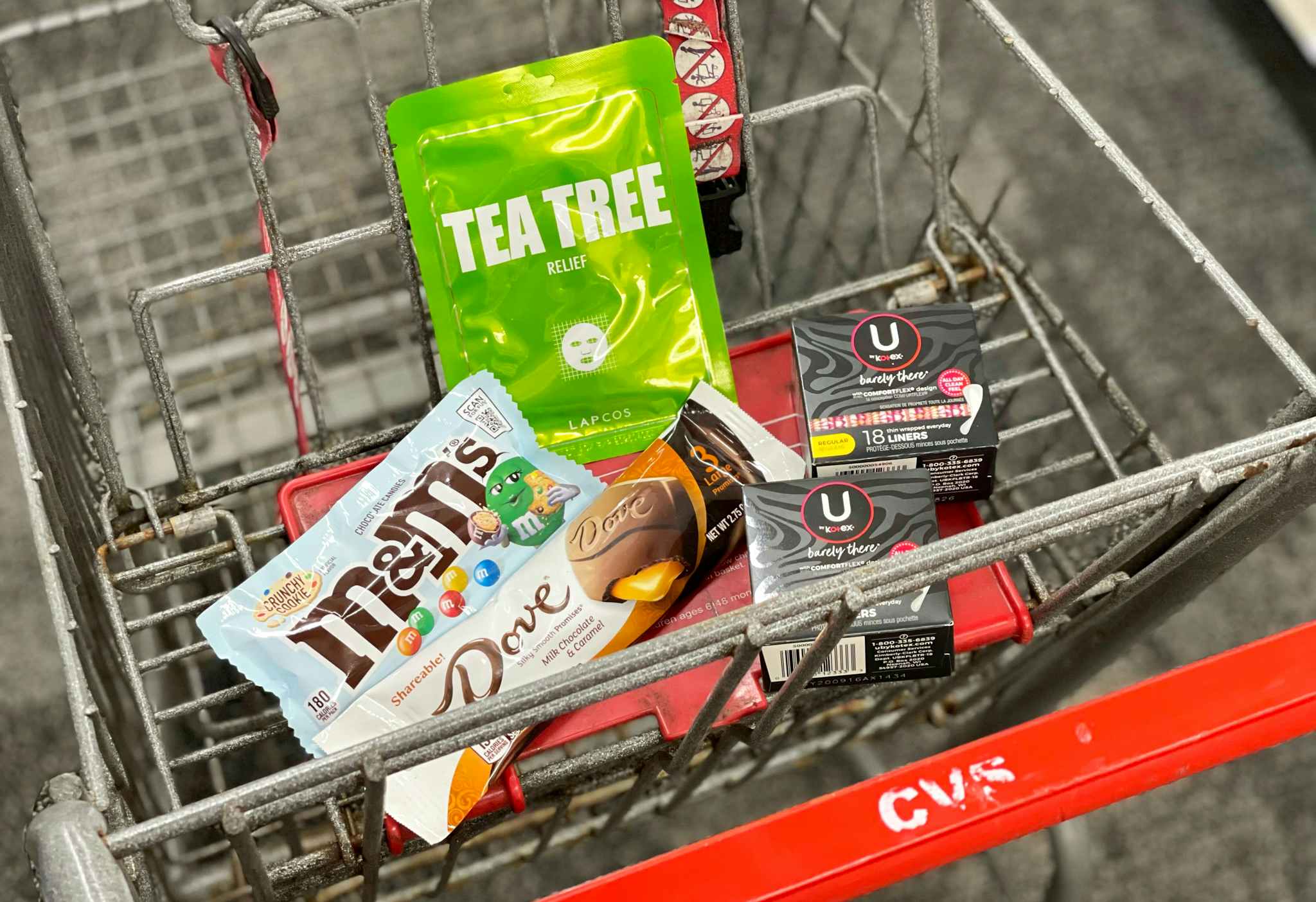 m&m's, dove, mask, and u by kotex shopping haul in cvs cart