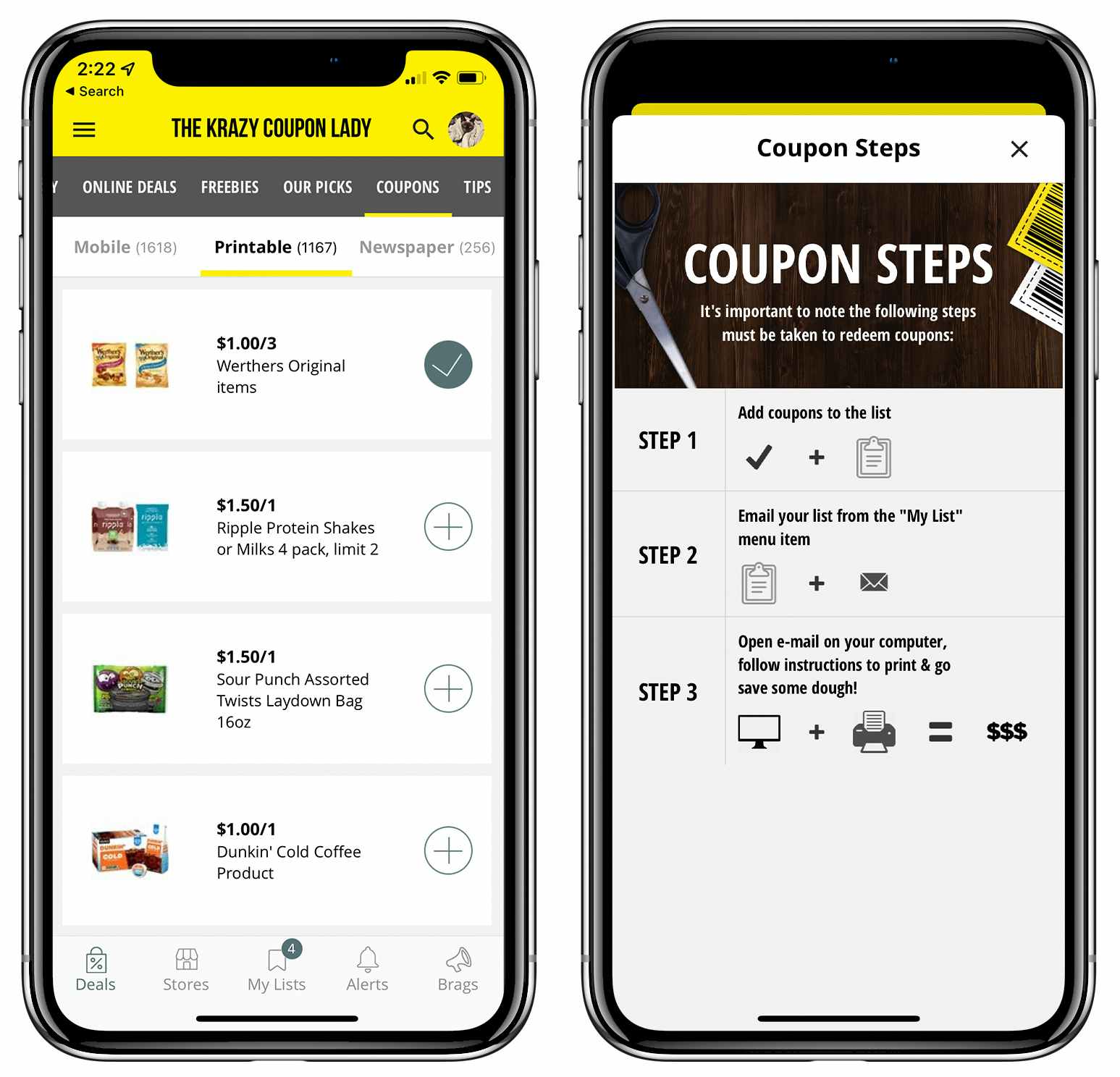 A graphic of two phones displaying the Krazy Coupon Lady mobile app's page for coupons and the directions on how to print them