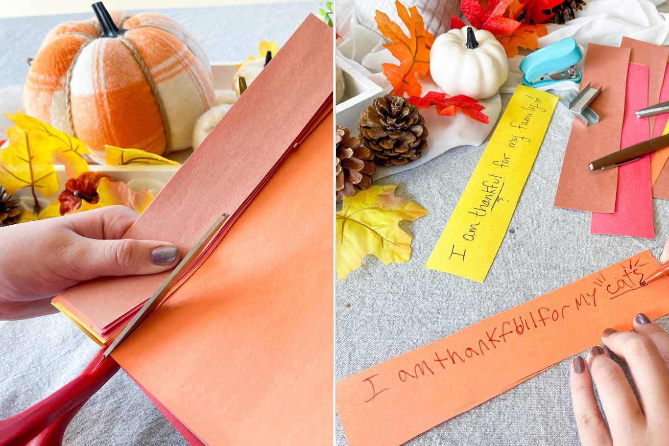 two images of a person cutting construction paper and writing on strips of the paper