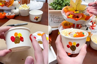 two images fingerpainting a turkey on snack cups