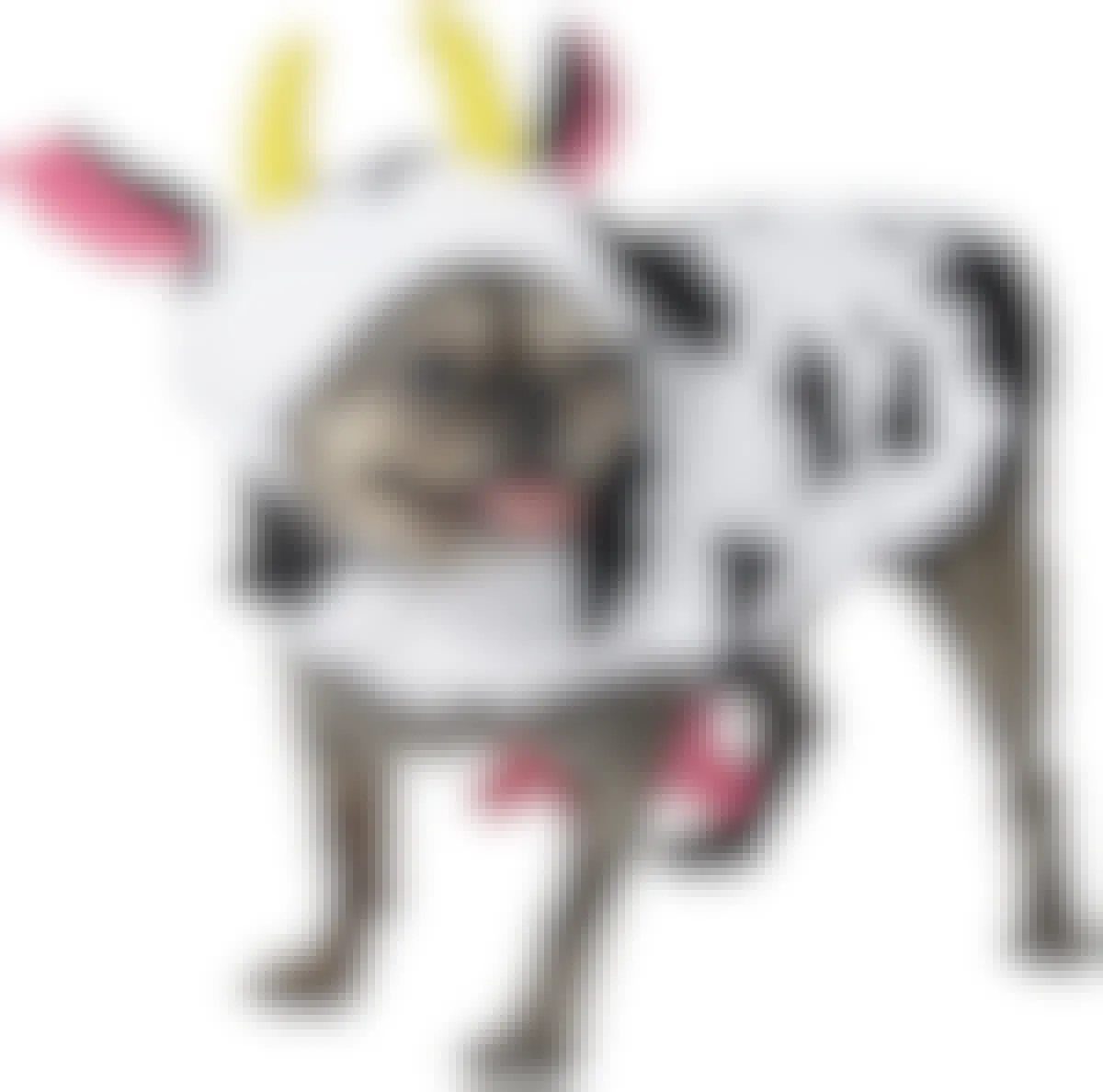 A dog wearing a cow costume on a white background