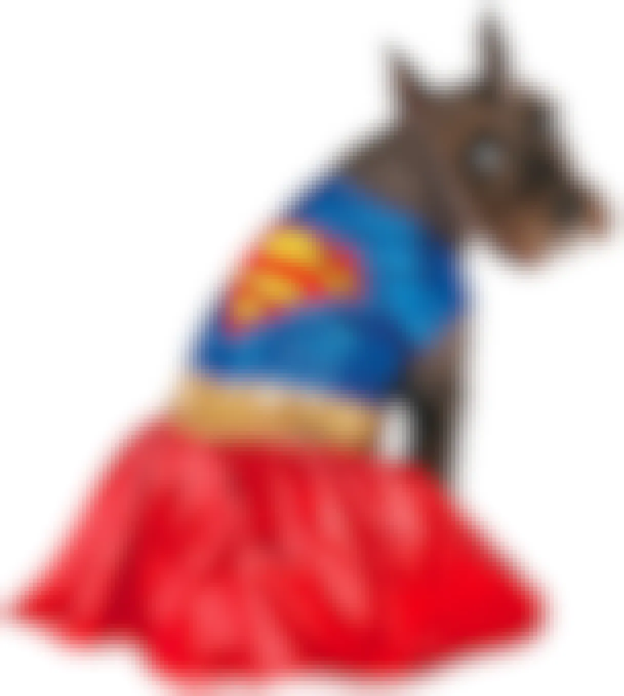 A dog wearing a Supergirl costume on a white background