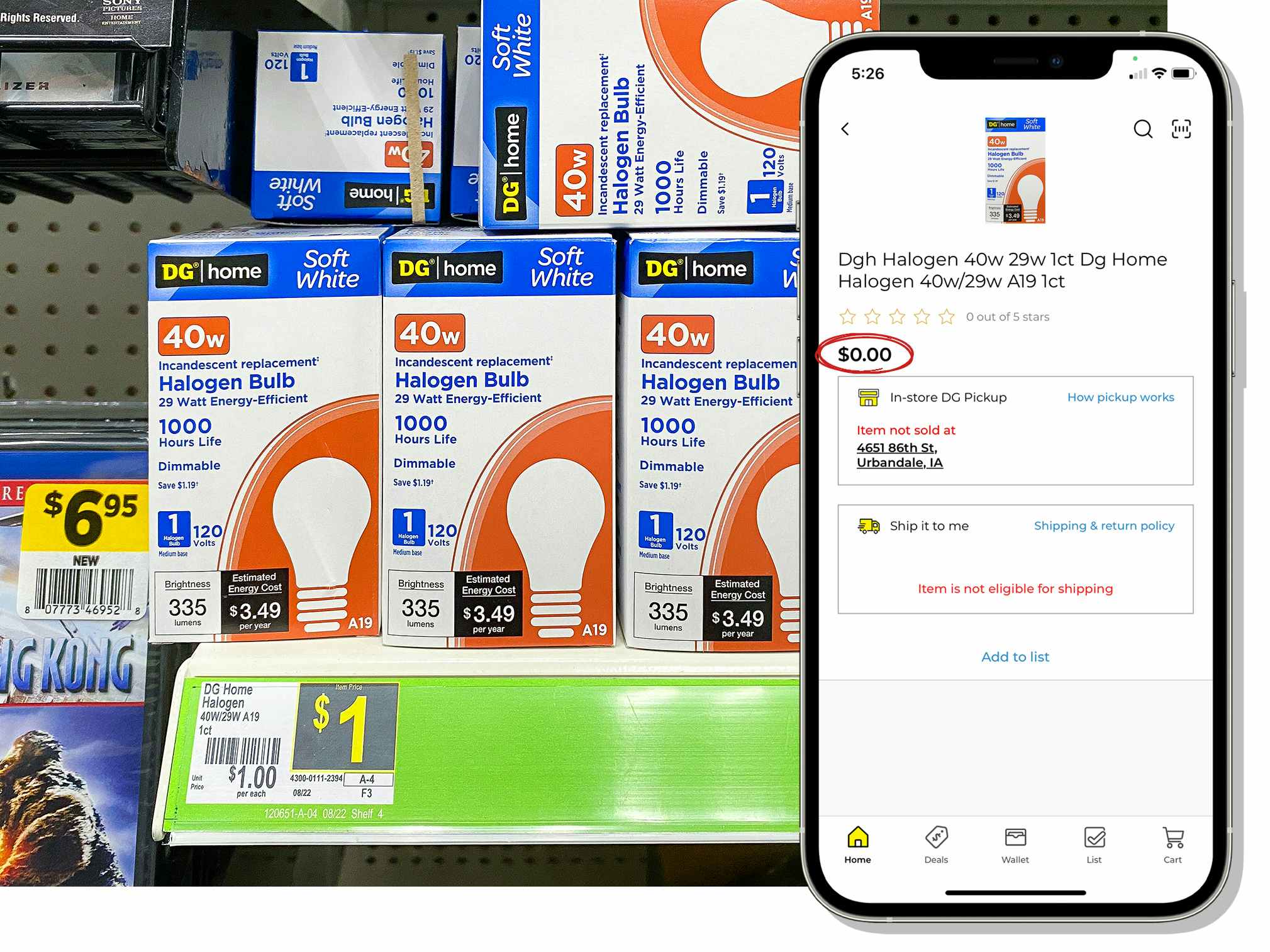 dollar store halogen light bulbs on shelf with app screenshot showing zero dollars