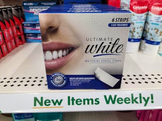 box of teeth whitening strips on a shelf