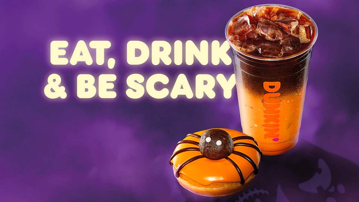 a Dunkin promotional graphic for their 2022 Halloween menu featuring the spider doughnut and a peanut butter cup macchiato