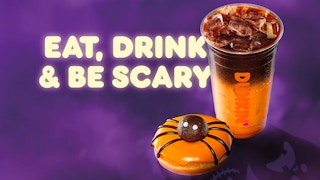 a Dunkin promotional graphic for their 2022 Halloween menu featuring the spider doughnut and a peanut butter cup macchiato