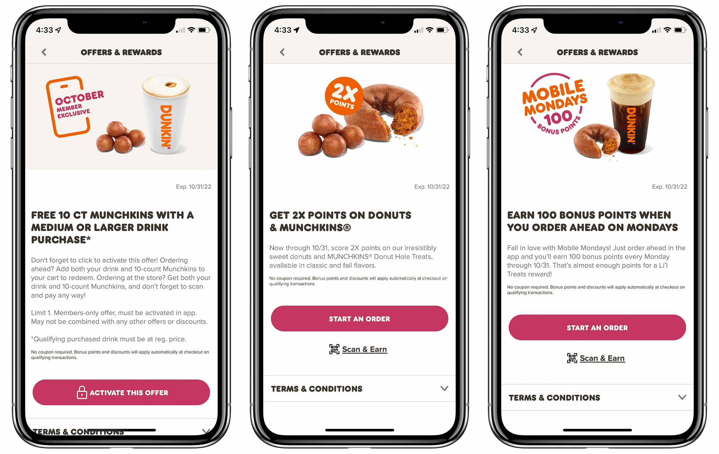 A graphic of three phones, each showing a different exclusive offer on the new Dunkin Rewards app