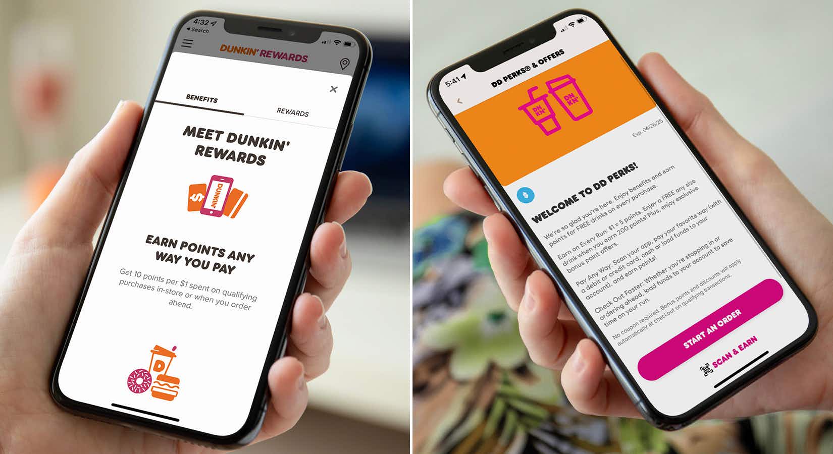 Two phones being held next to each other, one displaying the old Dunkin DD Perks app and the other displaying the new Dunkin Rewards app.