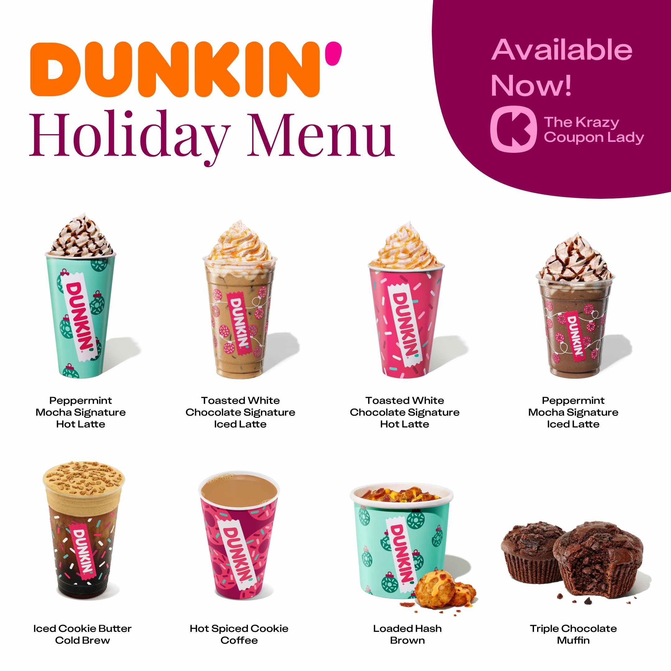 A graphic showing all the Dunkin' holiday menu items. 