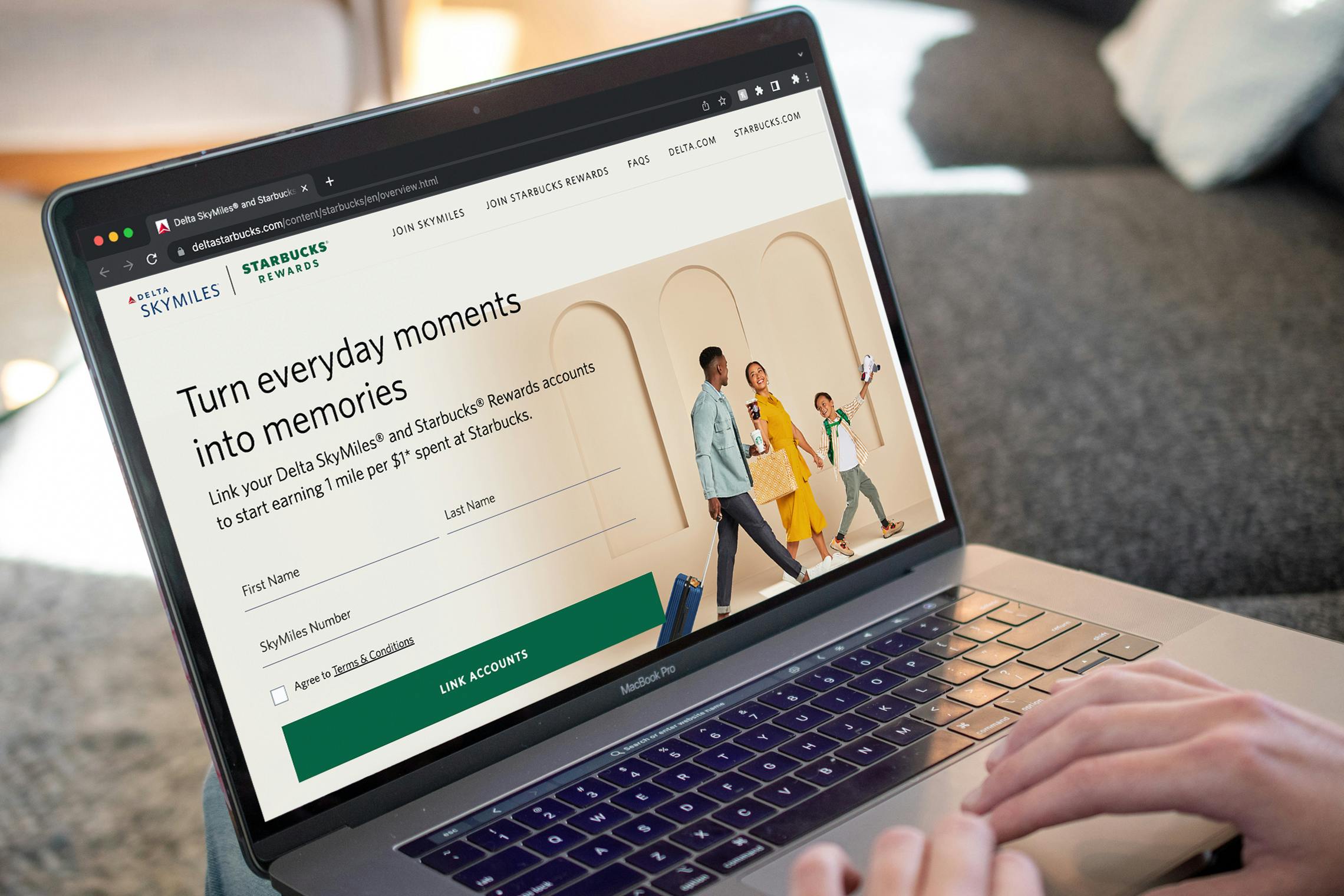 Someone looking at the website for the Starbucks and Delta rewards collaboration