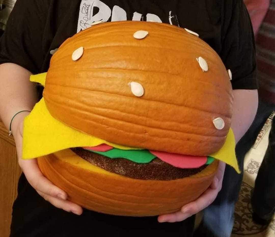 Pumpkin made to look like a hamburger and bun