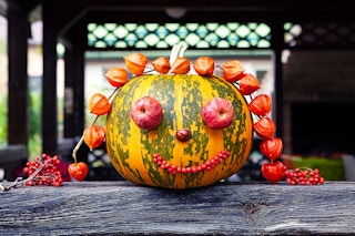 Pumpkin decorated with fruit and vegetables