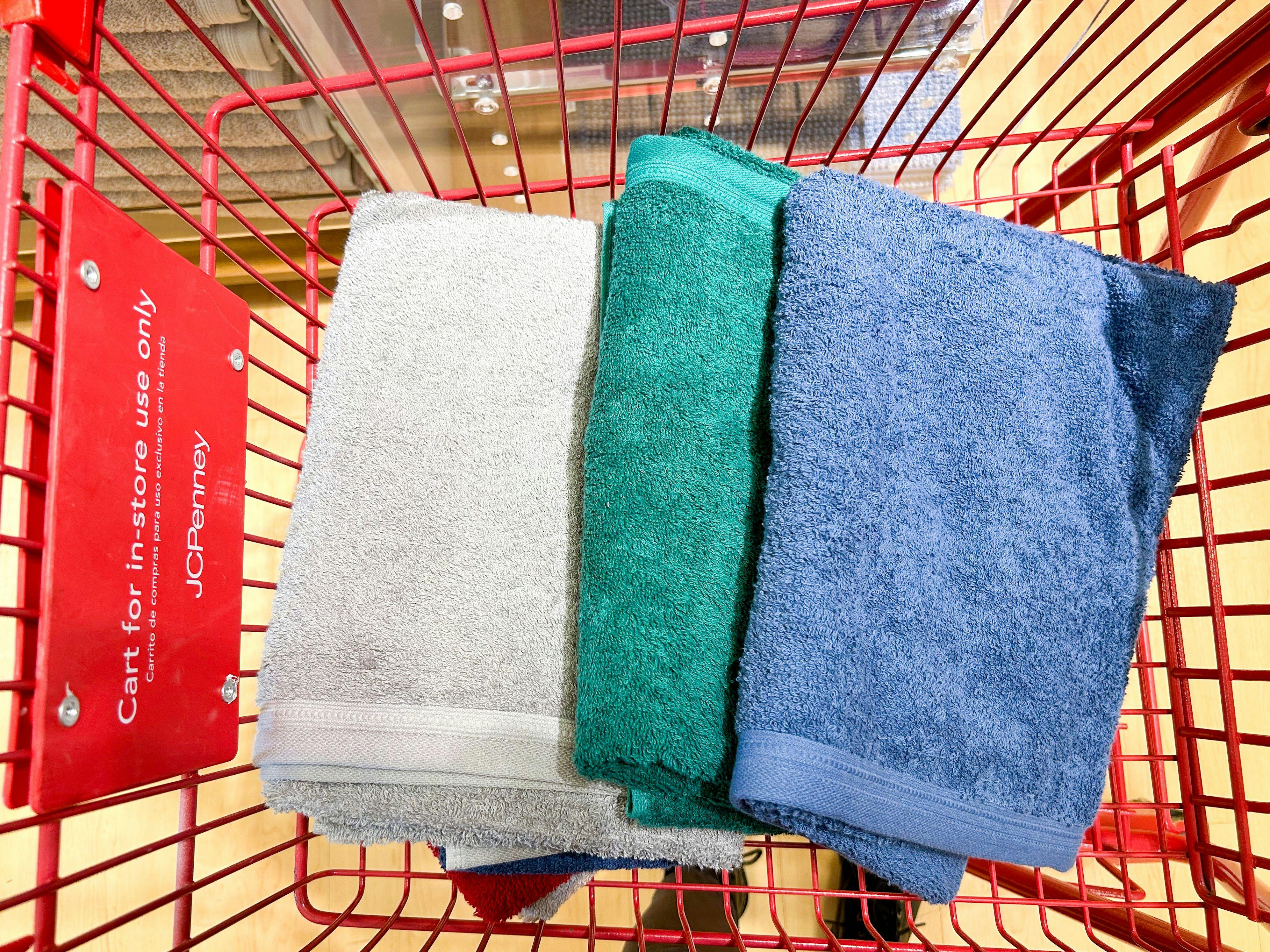 solid colors towels in a shopping cart