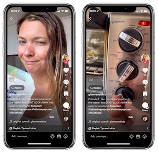 A graphic of two phones displaying two different shots of a tiktok video on giannanebbia's profile