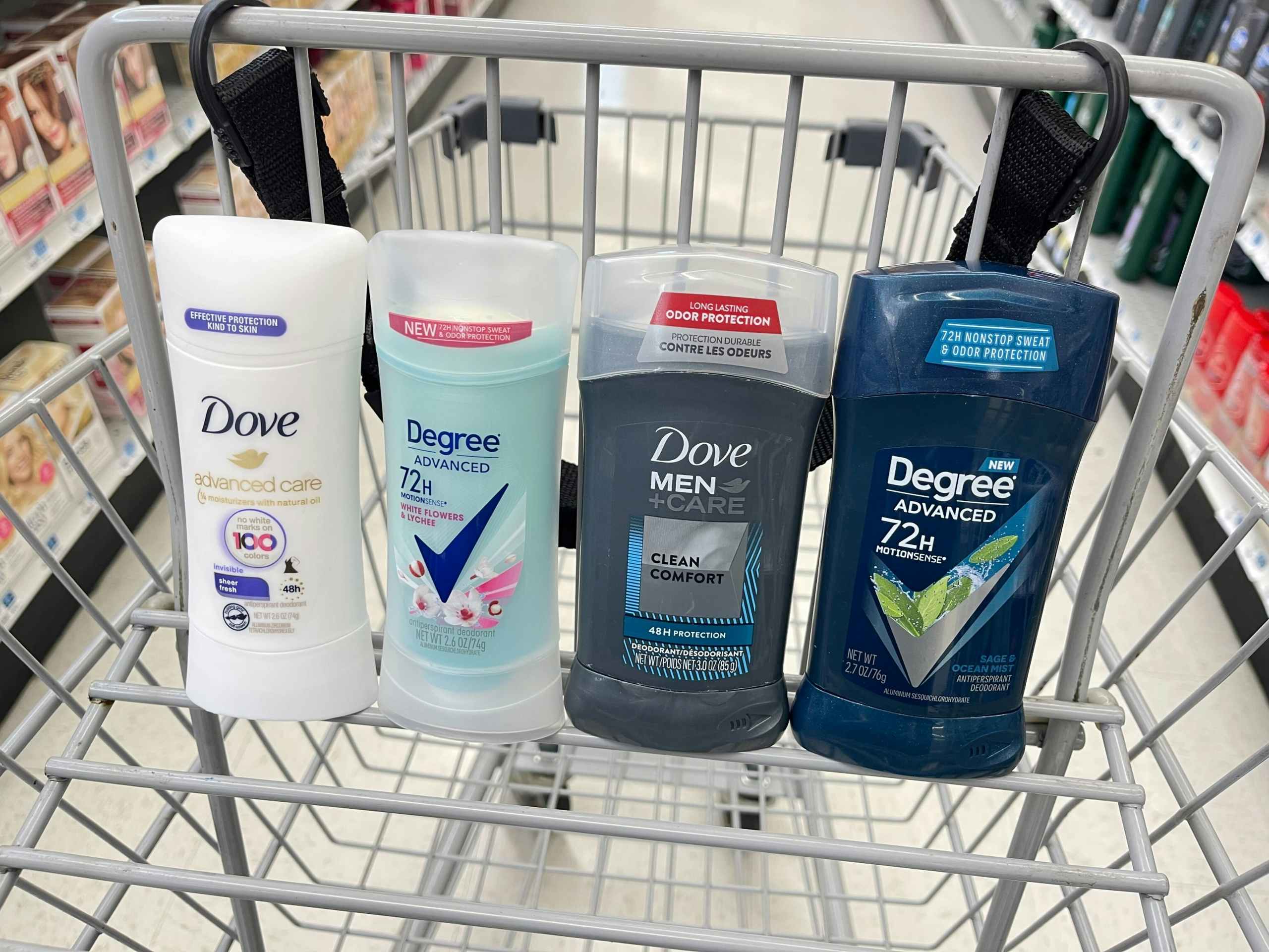 dove and degree deodorant in rite aid shopping cart
