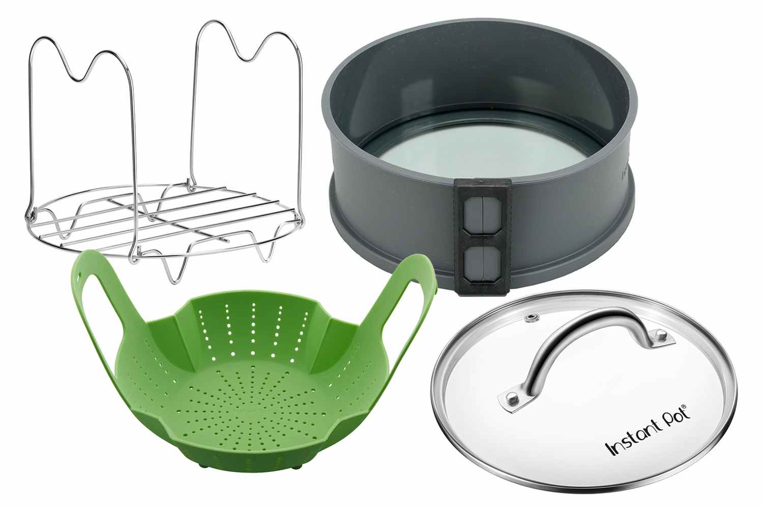 instant pot steam rack, cake pan, steamer basket, and lid accessories