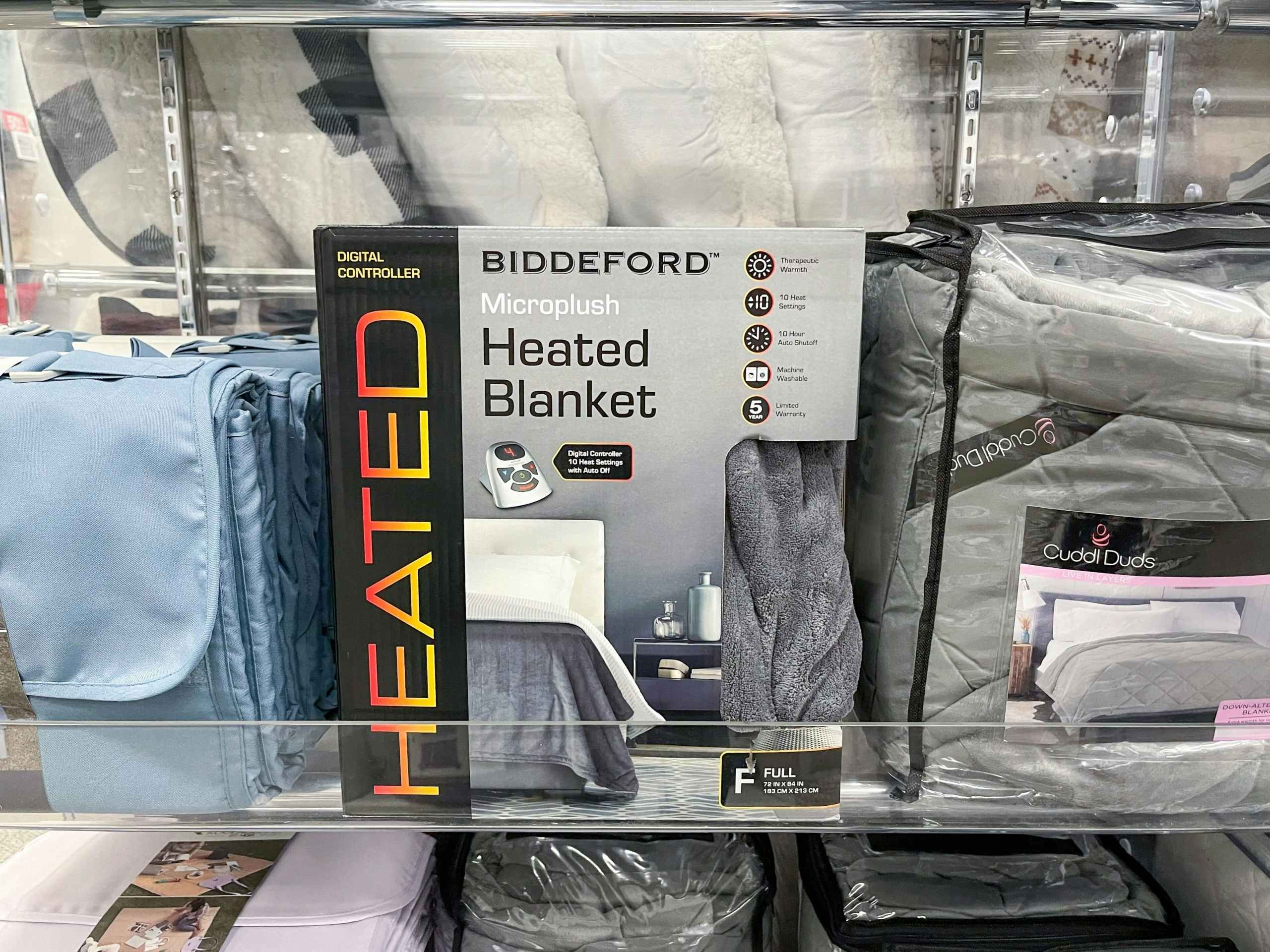 Biddeford Electric Heated Microplush Throw in box on shelf