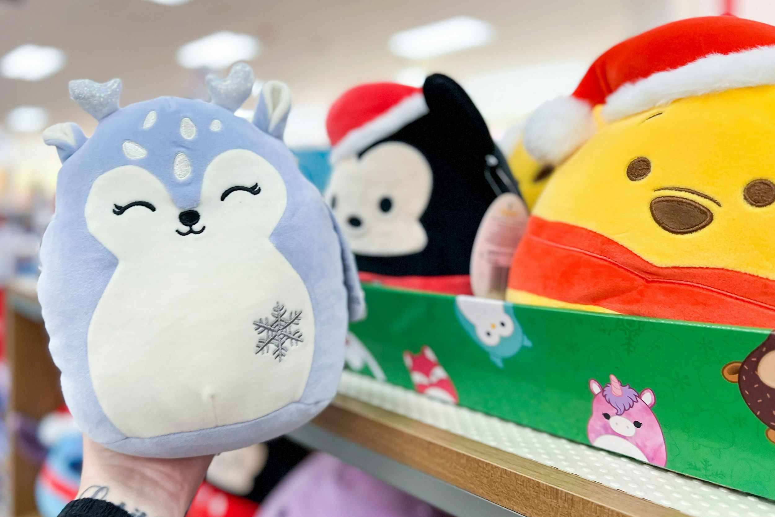 christmas squishmallows on a shelf