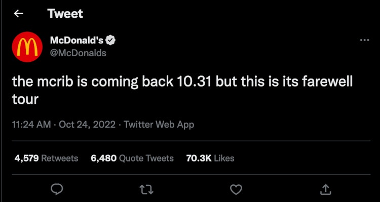 McDonald's announces on Twitter that the McRib Farewell Tour is about to begin