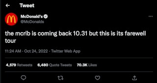 McDonald's announces on Twitter that the McRib Farewell Tour is about to begin