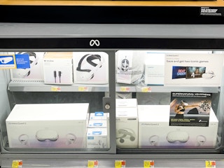 Meta Quest 2 VR headsets in a locked case at Walmart