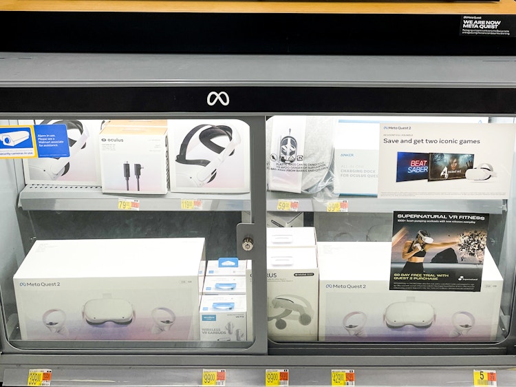 Meta Quest 2 VR headsets in a locked case at Walmart