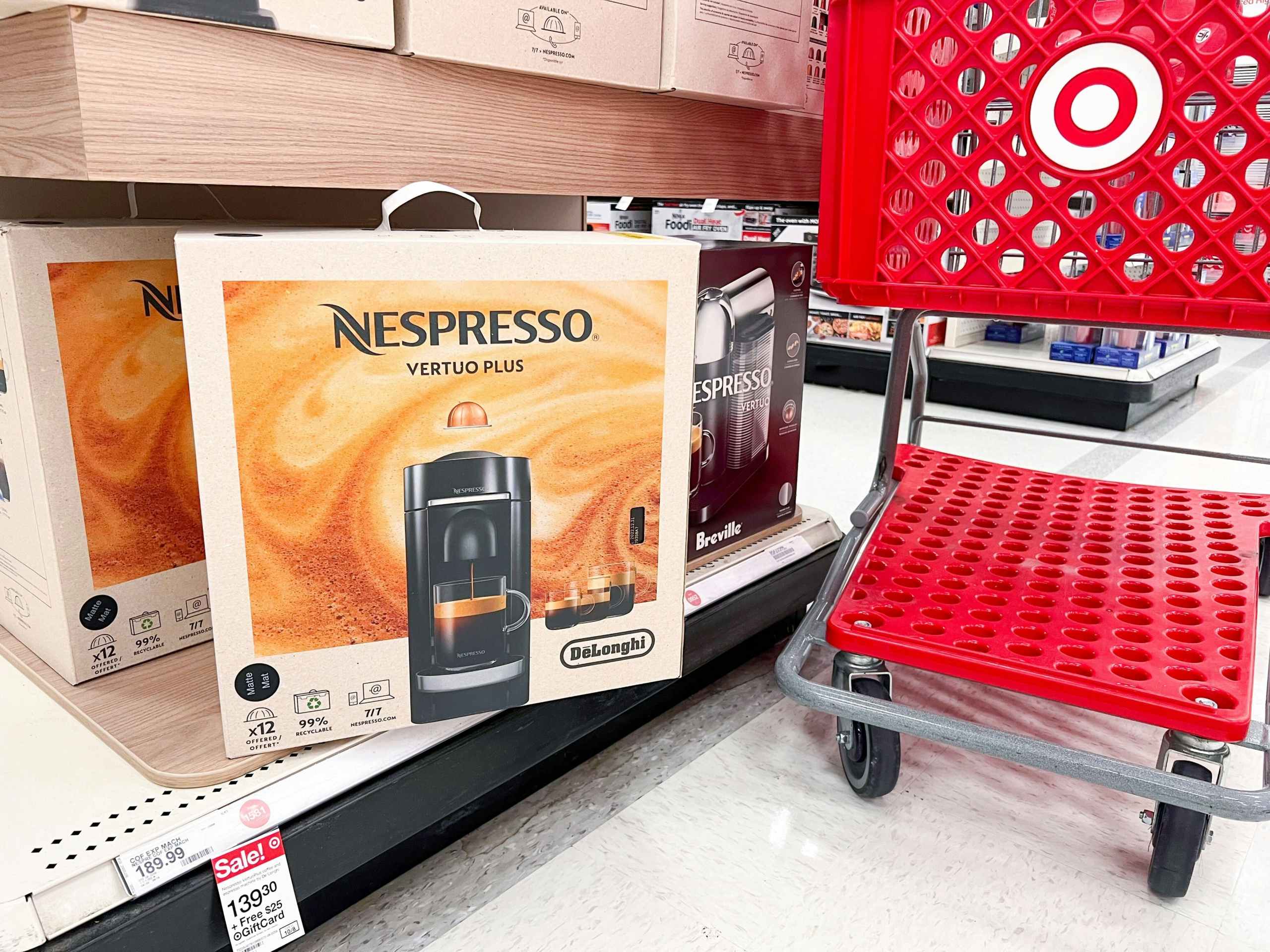 nespresso coffee machine on shelf next to target cart
