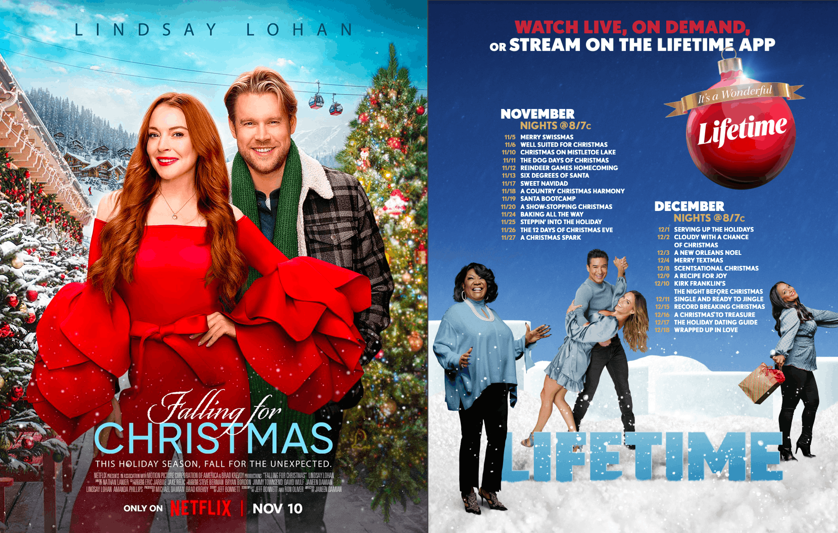 A poster for a netflix christmas movie alongside the Lifetime holiday movie schedule