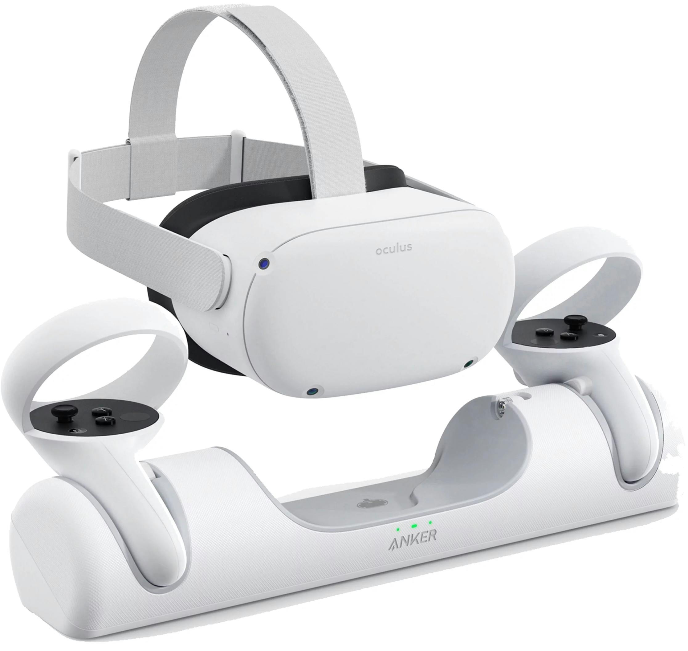 An Oculus Quest 2 VR headset and its charger on a white background.