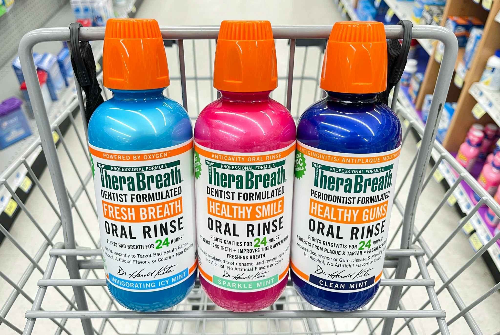 three bottles of therabreath in rite aid cart